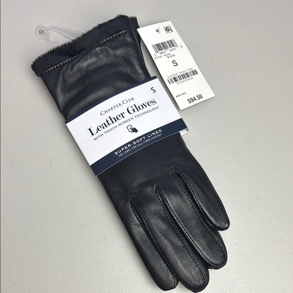 Charter Club Black Leather Faux Fur Lined Touchscreen Technology Gloves Winter - Picture 1 of 6